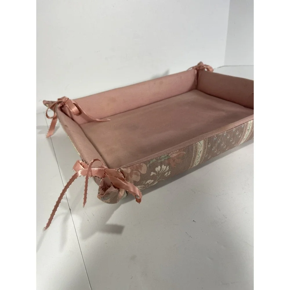 Vintage Floral Fabric Lined Tray Basket W Mid Century Ribbon Lace On Edges Liner